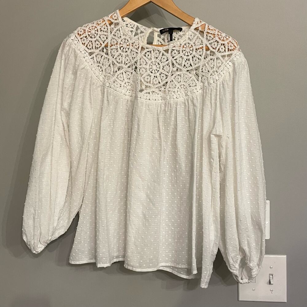 Maje Top Crochet Puff Sleeve Shirt Top Hollowed out Loose Shirt White Size 4
